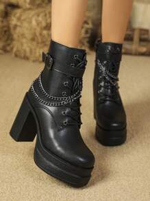 Botas cortas de mujeres de tacón alto con diseño de cadena impermeable plataforma moda - Negro - Ver 3