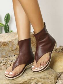 Flat Open Toe Roman Sandals Boots - Coffee Brown - View 2