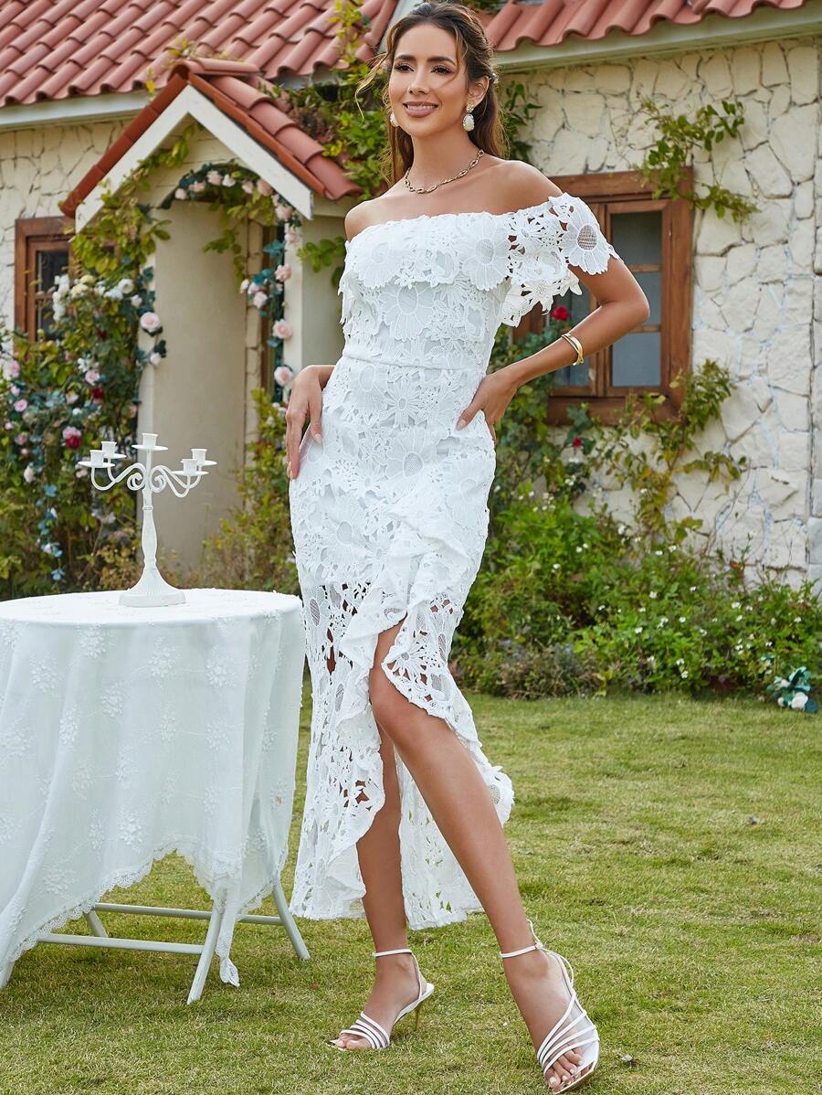 Eilly Bazar 女士白色露肩刺繡花朵裝飾連衣裙 - 白色 - 查看 1