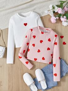SHEIN 女童針織心型t卹 - 紅白色 - 查看 1