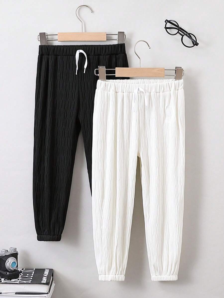 SHEIN 2pcs/set Toddler Boys' Casual Solid Color Cuffed Pants For Sports, Spring And Autumn - Black and White - View 1