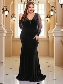 SHEIN Belle Của phụ nữ Kích thước lớn Lưới Cao eo Nàng tiên cá Hem Đầm - màu đen - Xem 3