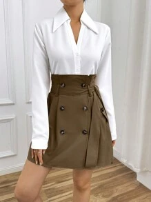 SHEIN Privé Paper Bag Waist A-line Double Breasted Skirt - Brown - View 4