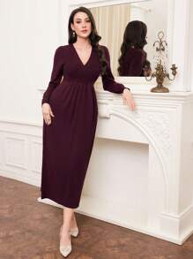 Modelyn Váy len tay đèn lồng cổ chữ V màu đỏ tía cho nữ - Màu Đỏ Sâu - Xem 4