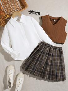 SHEIN Tween Girl Knitted Cable Vest Top, Plaid Pleated Skirt And Shirt 3pcs/Set - Brown - View 5