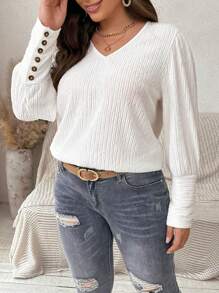 Franclia Camisa Decorada Con Botones Y Cuello En V De Talla Grande