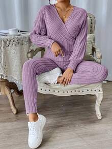 SHEIN Essnce 女士蝙蝠袖t恤與褲子的二件套裝 - 淡紫色 - 查看 5