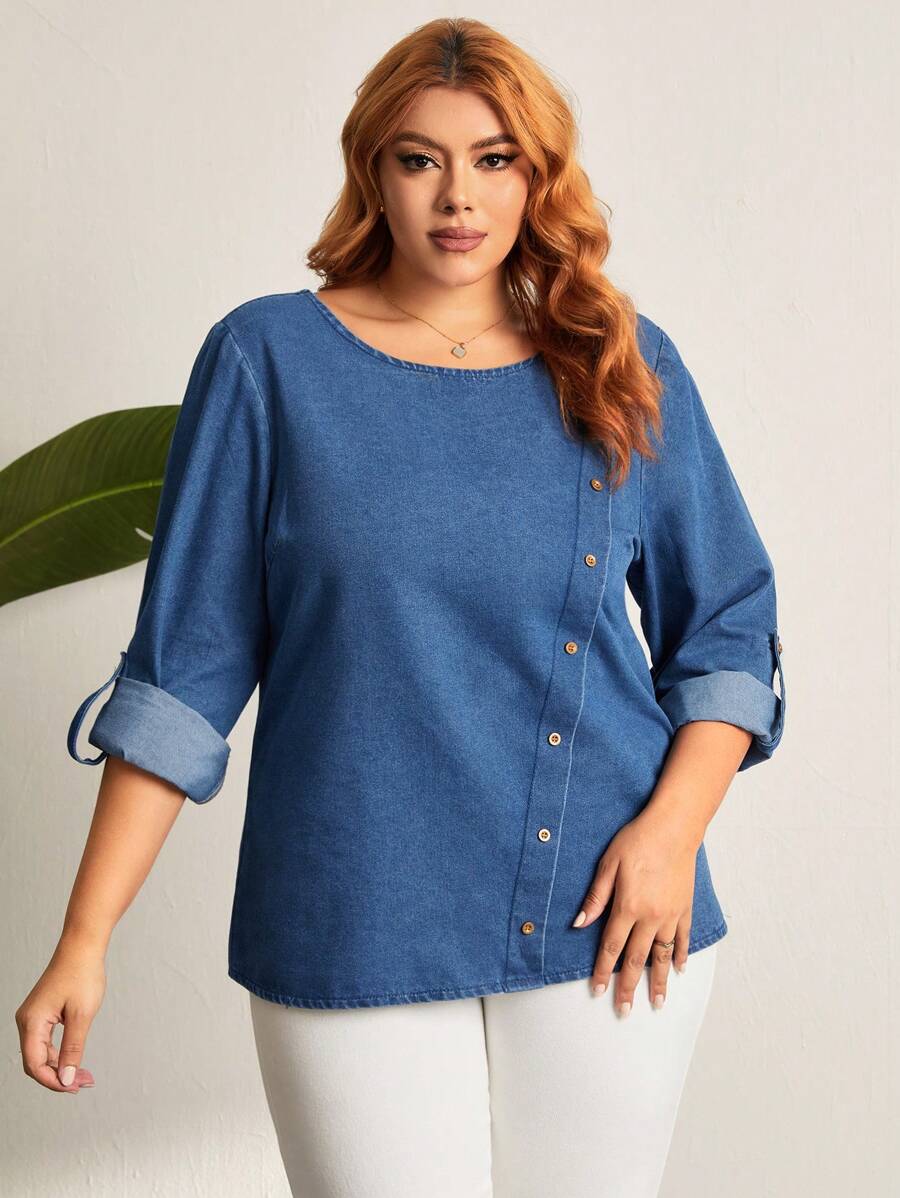 SHEIN LUNE 女士加大號卷袖牛仔上衣 - 深色水洗藍 - 查看 1