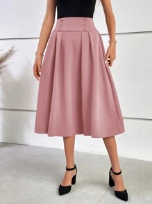 Gownix Falda Plisada Plegable Con Botones Sólidos Para Mujer - Rosa vieja - Ver 5