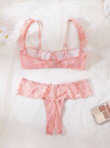 女士性感蕾丝文胸套装带钢圈和花边，内衣 - 粉色 - 查看 2