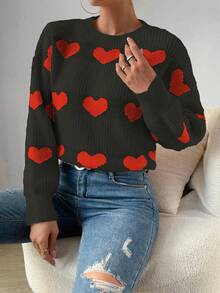 SHEIN Frenchy 女用情人節心形圖案落肩毛衣 - 黑色 - 查看 4
