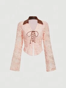 SHEIN MOD 女士提花前扣色塊翻領上衣 - 彩色 - 查看 1