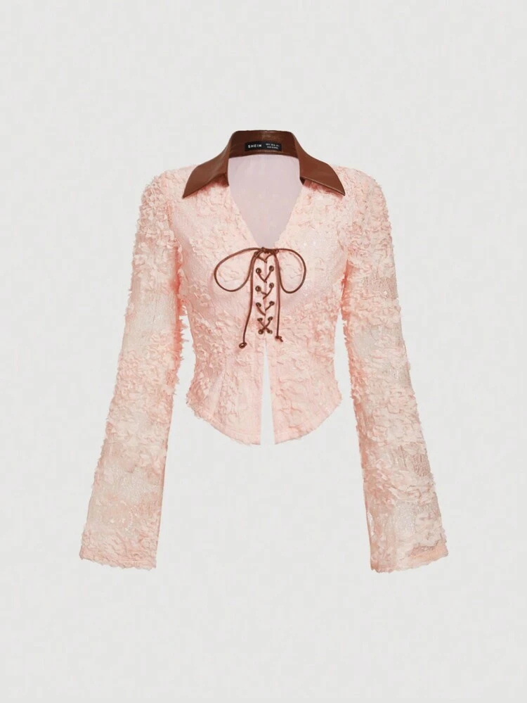 Women's Jacquard Front Tie Color Block Collared Blouse