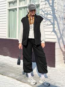 SHEIN EZwear Áo khoác đệm dệt không tay màu đen dành cho nữ - màu đen - Xem 5