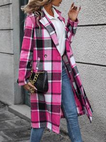 SHEIN Essnce 女式格紋落肩領雙排扣羊毛外套 - 彩色 - 查看 4