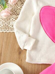 Young Girl Contrast Color Heart & Letter Embroidered Plush Long Sleeve Pajama Set - Hot Pink - View 4