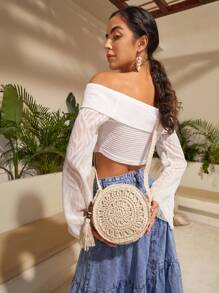 SHEIN VCAY Women's Crossbody Bag For Teenagers, Wicker Bag - Apricot - View 7