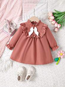 SHEIN Baby Girl'S Bowknot Decorated Ruffled Hem Dress With Bowknot Detail - Pink - View 1