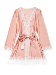 Women's Fashionable Pink Robe With Lace Trim - Pink - View 4