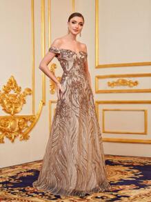 Faeriesty Elegant Off-The-Shoulder Formal Evening Gown For Women With Corset Waist Ties And All-Over Floral Applique Sequins Embroidery