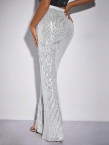 SHEIN Allurite 女士閃亮高分裂長褲 - 銀色 - 查看 2