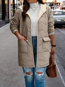 Calvaya 带盖口袋拉链连帽绗缝加厚外套冬季保暖服装 - 杏色 - 查看 5