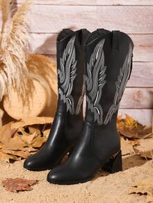 女士們西方風格麝皮牛仔靴帶粗跟高跟鞋,尖頭和刺繡細節 - 黑色 - 查看 4