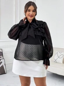 SHEIN Privé Plus Size Women's Tie Neck Ruffle Sleeve Blouse