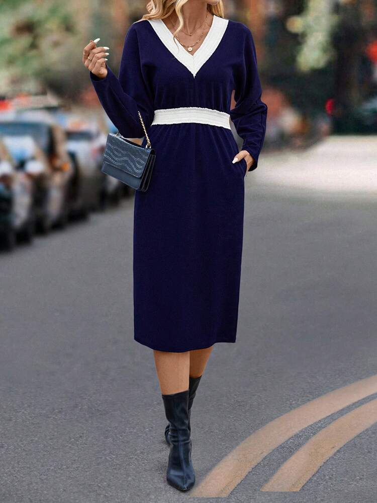 Women's V-neck Pocket Design Dress