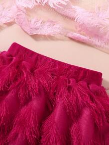 SHEIN 年轻女孩简约休闲多层流苏下摆裙子 - 玫紅色 - 查看 3