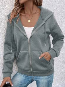 SHEIN LUNE 袋鼠口袋拉鍊開合抽繩連帽夾克 - 深灰色 - 查看 5