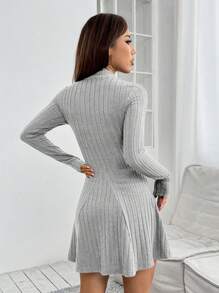 SHEIN PETITE 女士實色立領肋針織連身裙 - 灰色 - 查看 2