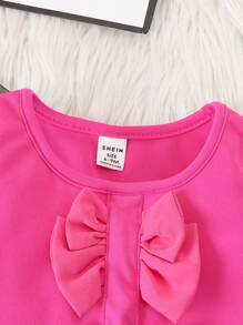 Little Girls' Elegant Bow Knot Pattern Long Sleeve Top And Overall Dress Set Spring & Autumn - Hot Pink - View 3