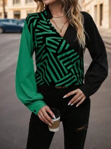 SHEIN Clasi Plus Size Women's Notched V-neck Striped Shirt - Green - View 3