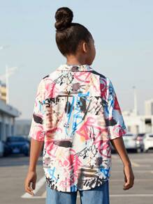 SHEIN 青少女休閒街頭風格塗鴉寬鬆短袖襯衫 - 彩色 - 查看 2