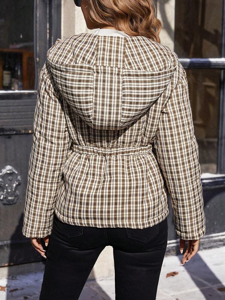 Women's Plaid Hooded Padded Coat Fall Cloth For Women
