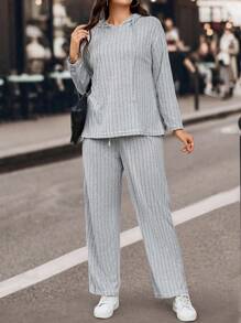 SHEIN LUNE 女士加大碼純色條紋束口t恤和褲子兩件套裝 - 灰色 - 查看 1
