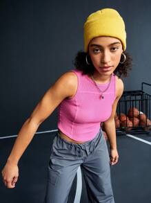 SHEIN Sports 女裝夏季露肩鵝卵織短款背心 - 玫紅色 - 查看 7