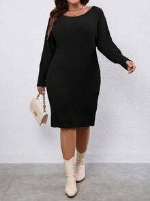 Calvaya Women's Plus Size Solid Color Loose Fit Drop Shoulder Casual Sweater Dress - Black - View 5