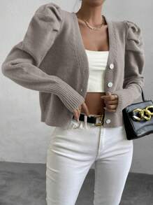 SHEIN Privé 泡泡袖v領針織外套 - 深灰色 - 查看 4