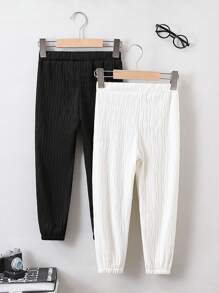 SHEIN 2pcs/set Toddler Boys' Casual Solid Color Cuffed Pants For Sports, Spring And Autumn - Black and White - View 2