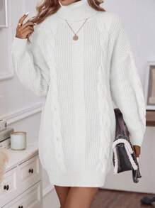 EMERY ROSE Turtleneck Cable Knit Sweater Dress Fall Winter Cloth For Women - White - View 3