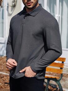 Manfinity Homme Men's Plus Size Long Sleeve Polo Shirt - Grey - View 6