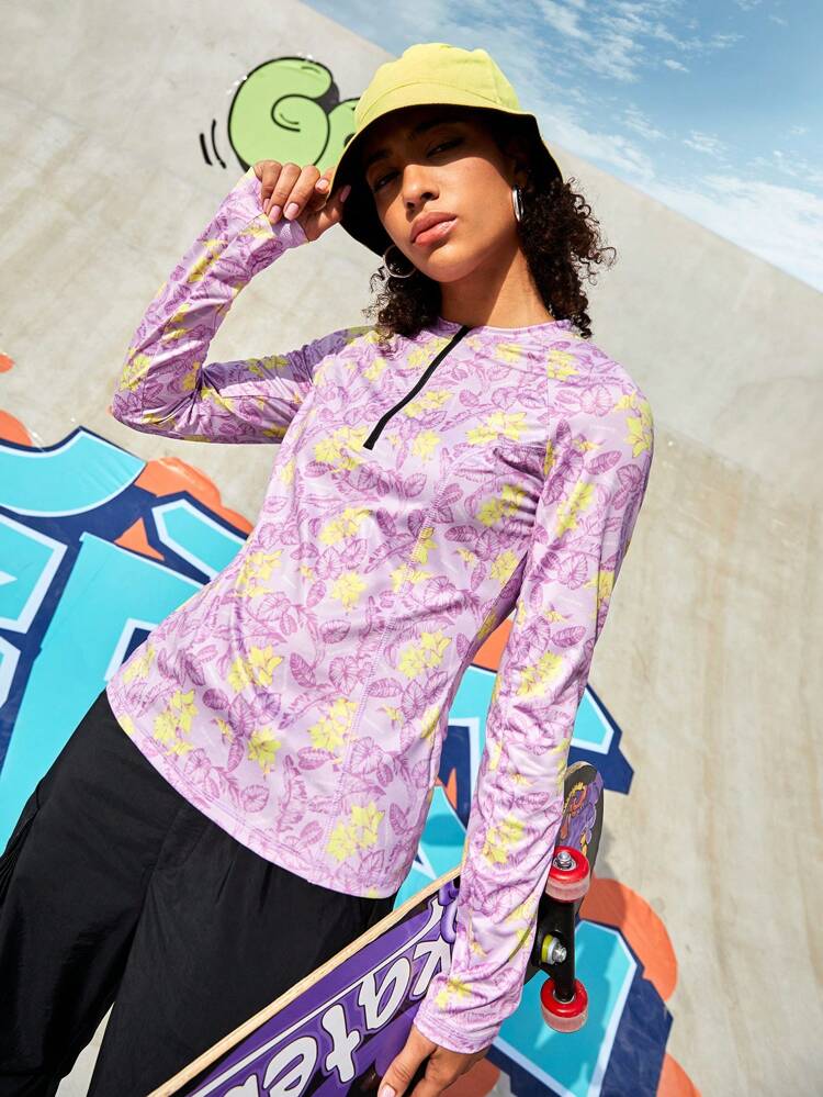 Ladies Floral Printed Zip-up Sports Jacket