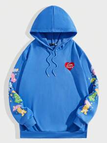 ROMWE MEN ROMWE X Care Bears Men Cartoon Printed Heart & Letter Embroidered Fleece Hoodie With Drawstring - Blue - View 1