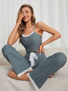 女士蕾絲修邊睡衣套裝 - 灰色 - 查看 3