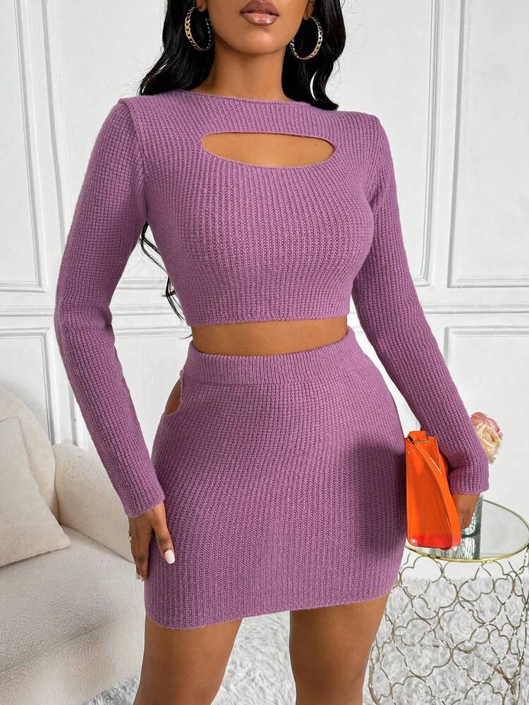 Women's Hollow Out Long Sleeve Sweater And Skirt Set Fall Cloth For Women