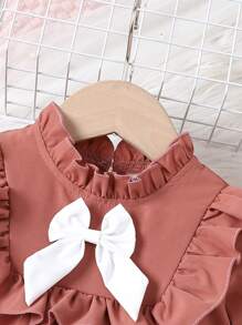 SHEIN Baby Girl'S Bowknot Decorated Ruffled Hem Dress With Bowknot Detail - Pink - View 3