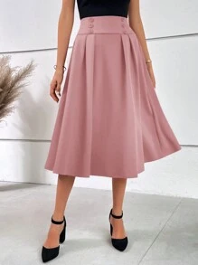 Gownix Falda Plisada Plegable Con Botones Sólidos Para Mujer - Rosa vieja - Ver 4