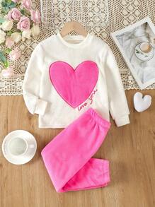 Young Girl Contrast Color Heart & Letter Embroidered Plush Long Sleeve Pajama Set - Hot Pink - View 1